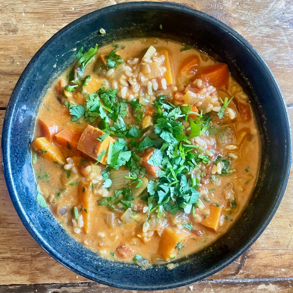 Coconut curry with sweet potatoes and rice.